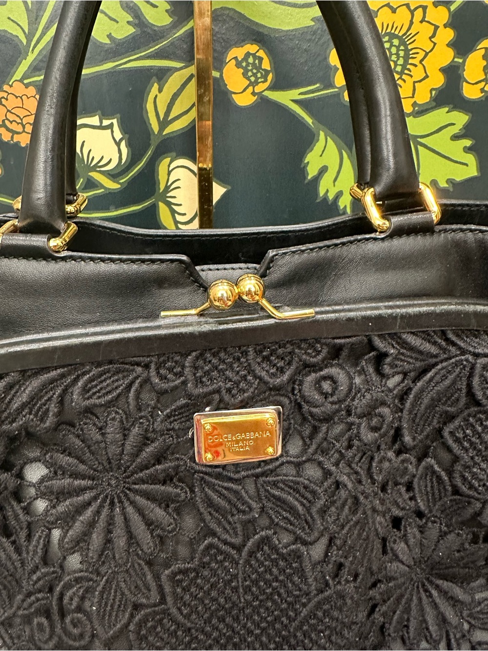 Dolce & Gabbana Black Floral Lace Leather Satchel Leopard Lined | Italy with COA - Picture 6 of 15